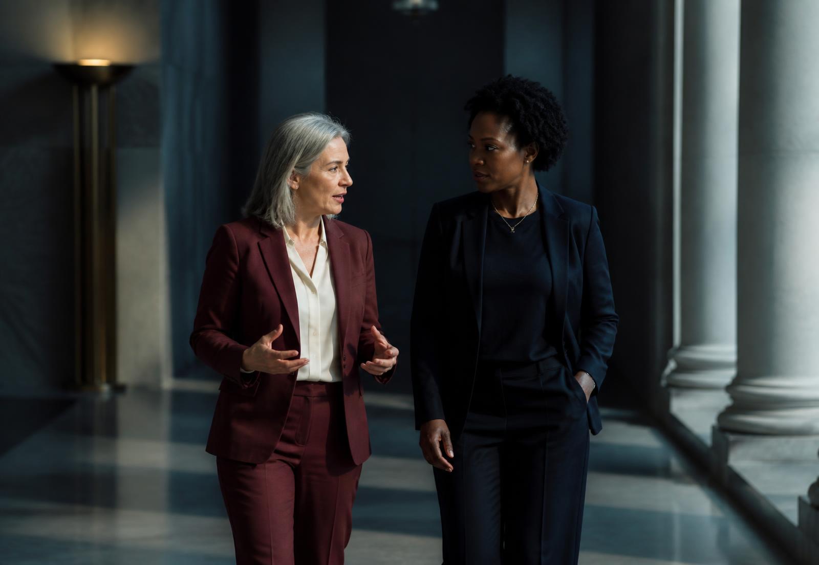 Two women leaders in conversation while walking through an institutional corridor.