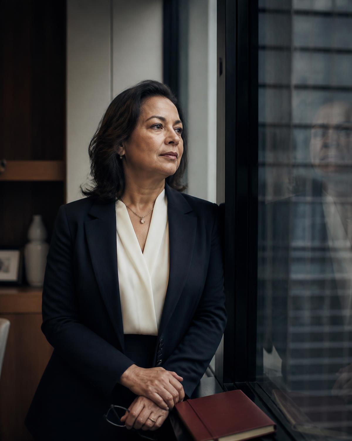 A senior woman executive in quiet reflection beside an office window.