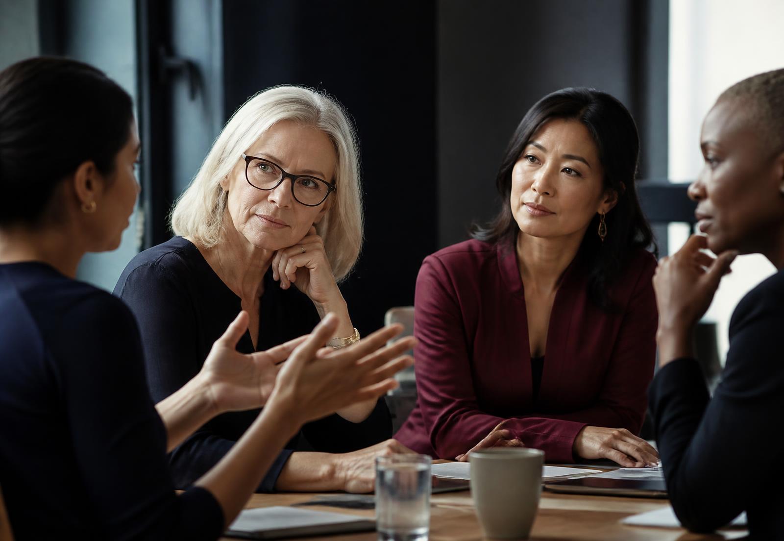 Four women leaders listening closely during a nuanced group discussion.